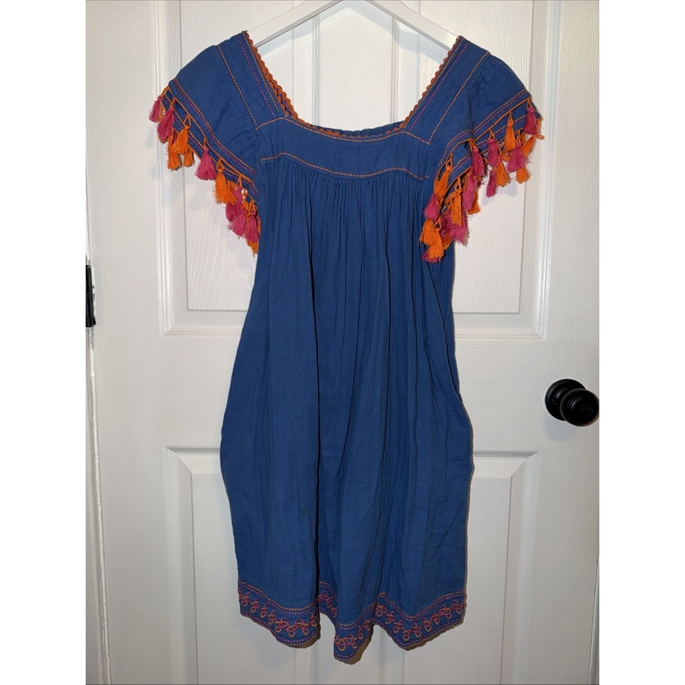 Mer St Barth Gauze Tassell Short Coverup Dress Size L Blue Multi Mini Boho